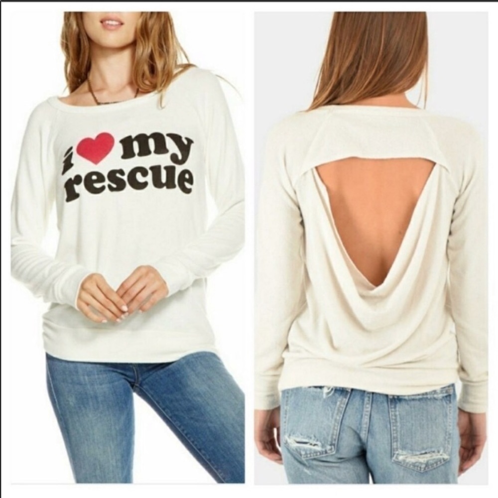 Chaser I Love My Rescue white long sleeve open back fuzzy sweatshirt size XS